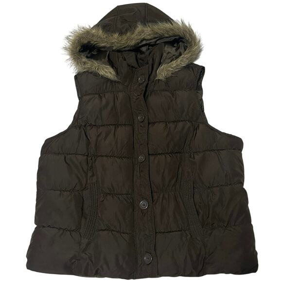 Women’s Puff Vest by Arizona Jean Co. brown with hood size XL zips & Buttons - Picture 1 of 7